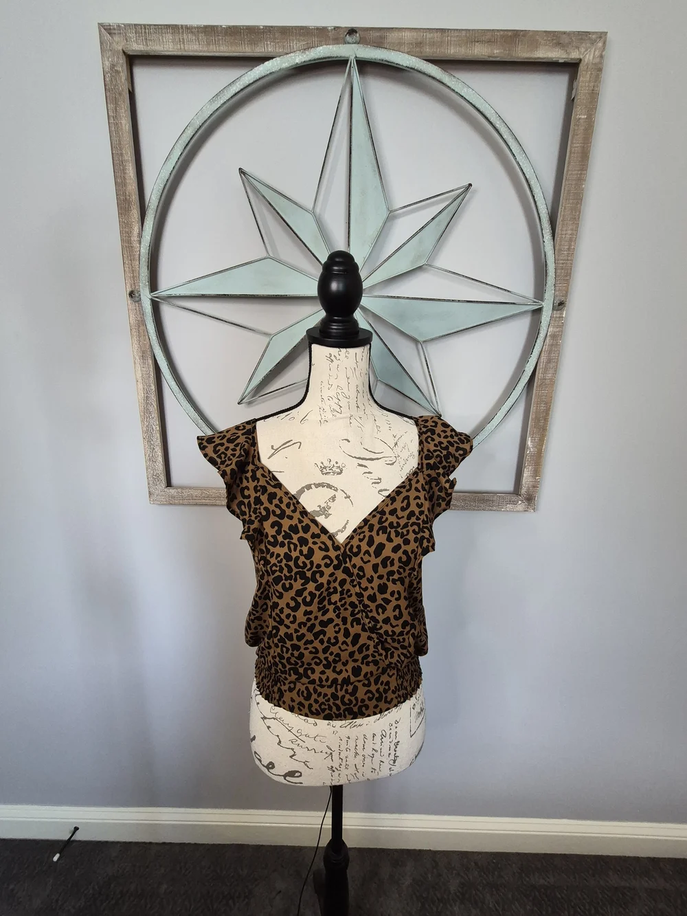 Sienna Sky Brown and Black Leopard Ruffle Sleeve Faux Wrap Smocked Hem Top - S